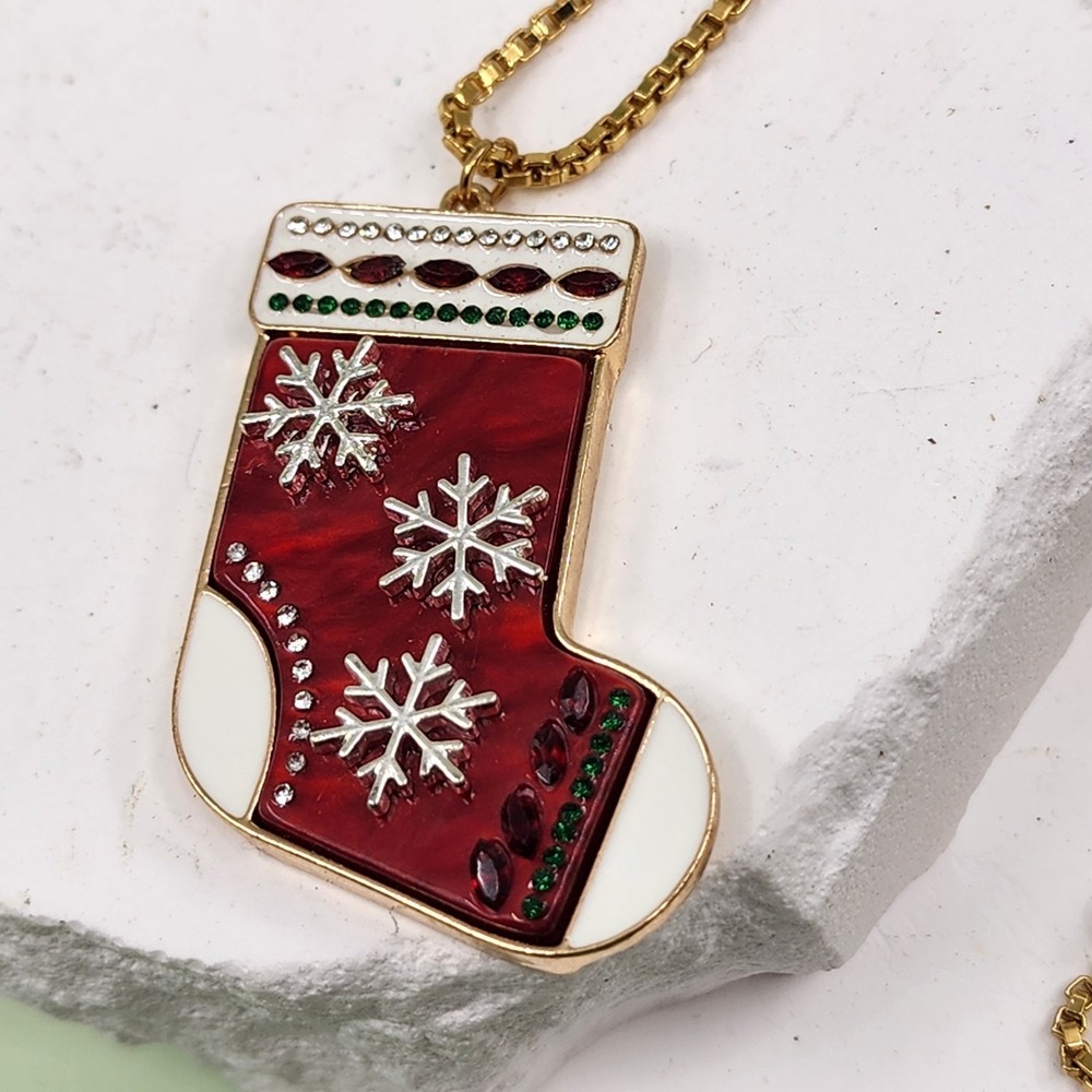 Monet Christmas Stocking Pendant Necklace Rhinestone Enamel Gold Tone Snowflake
